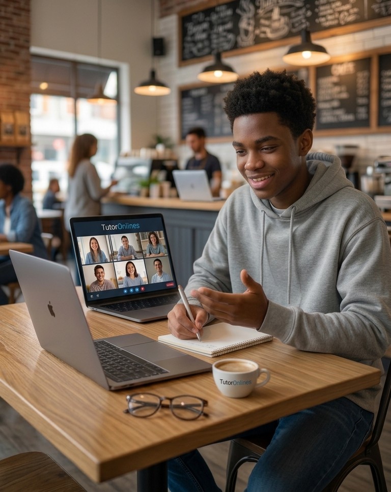 A student taking an online lesson on TutorOnlines from a coffee shop