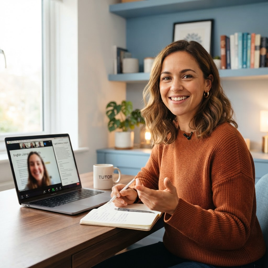 A tutor teaching a student during a live online video lesson